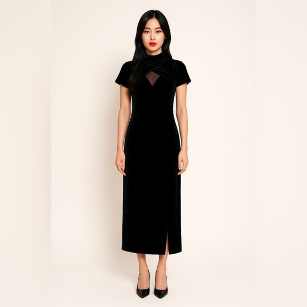 Vintage Fashion Bug Y2K Black Velvet Asian Oriental Inspired Slinky Gown Goth 8